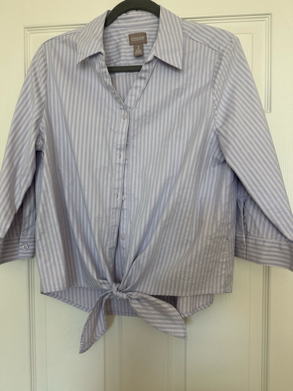 Chico's Blue & White Striped Tie-Front Button Shirt